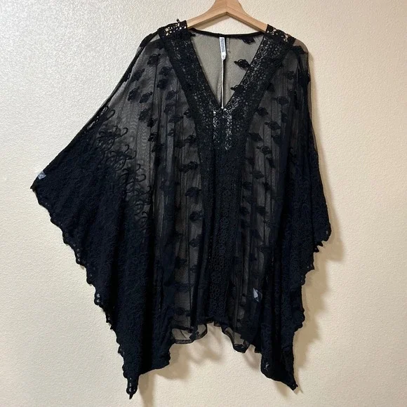 Monoreno Size M Shirt Kimono Black Sheer Embroidered Mesh Lace Boho Oversized - Picture 1 of 8